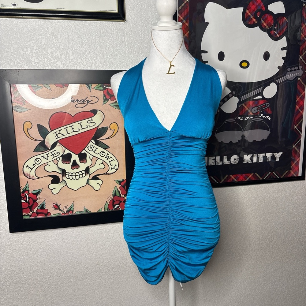 Sabora Teal Blue Halter V Neck Ruched Rhinestone O-Ring Mini Dress Y2K Clubwear